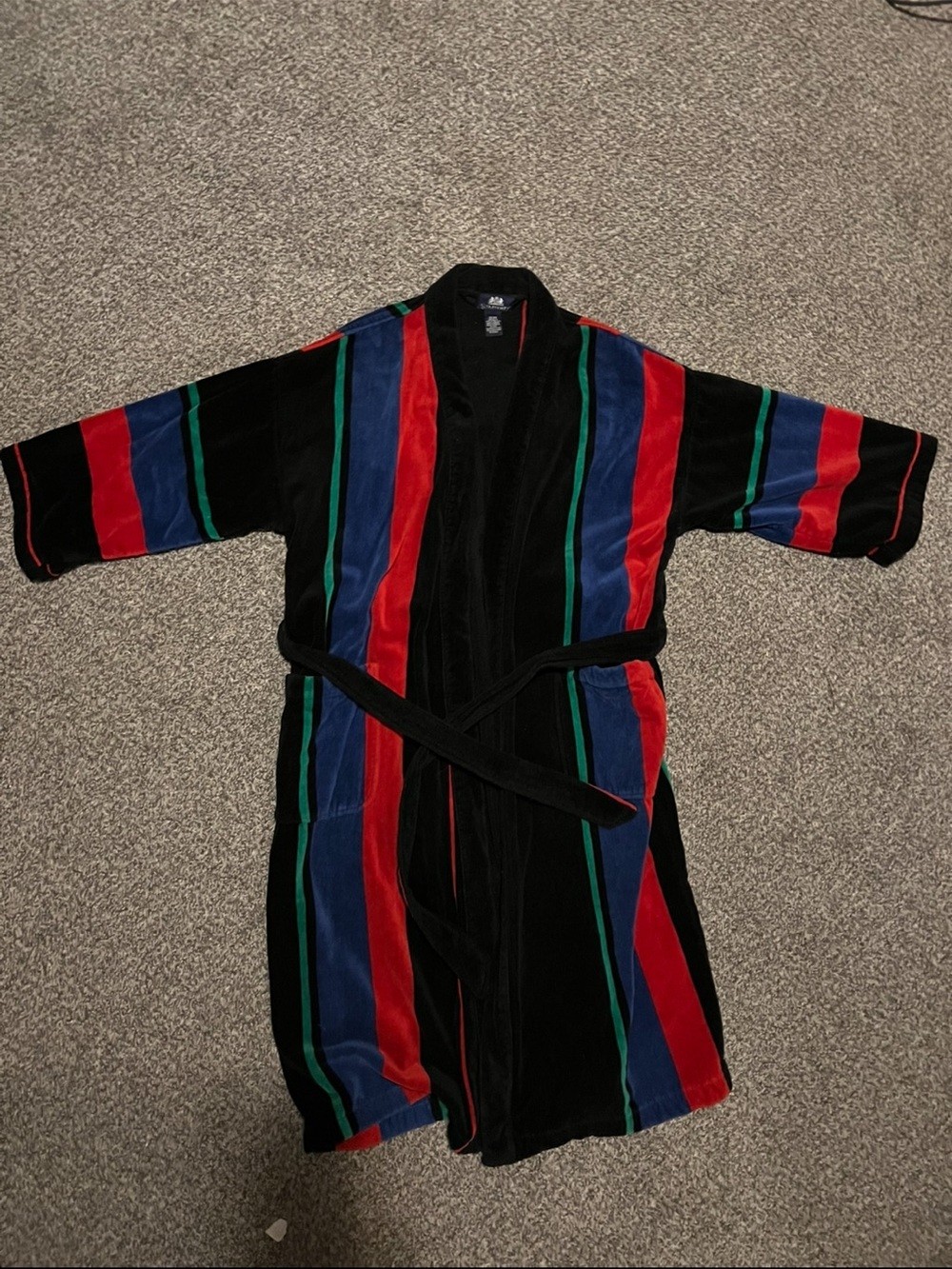 Stanford Black Velvet Robe with Red, Blue & Green Stripes